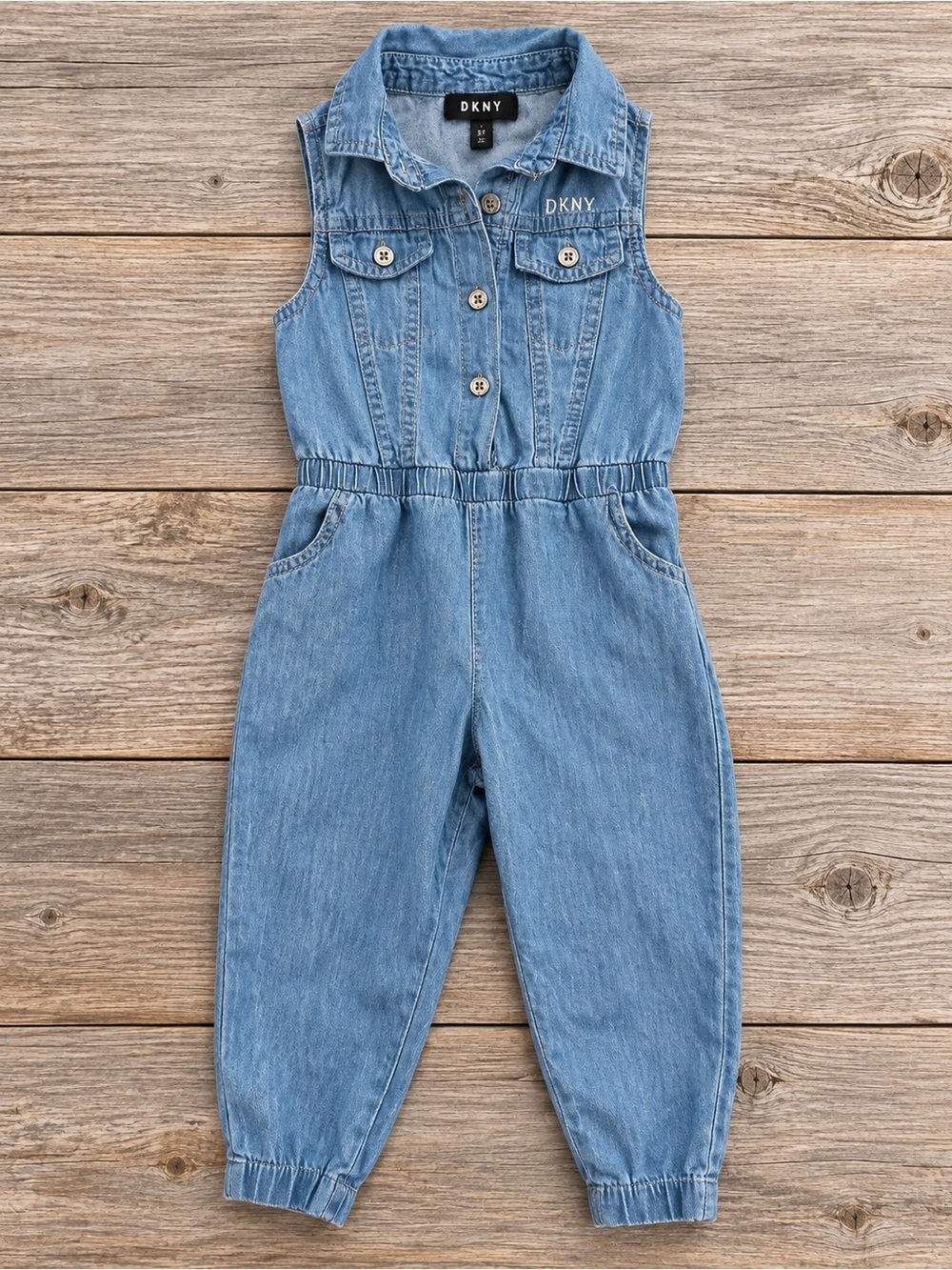 Dkny Girls' Denim Blue Sleeveless Jumpsuit